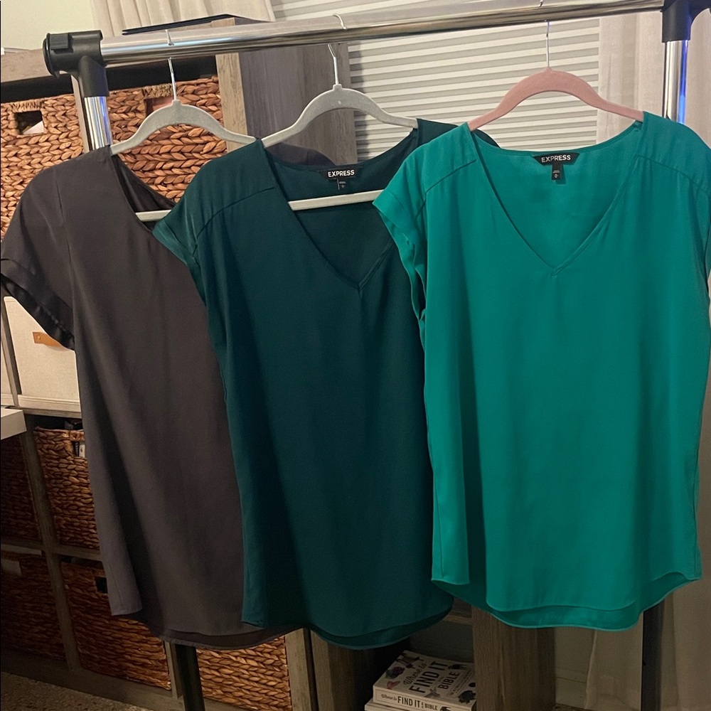 Express Women's Blouses in Grey, Teal, and Green